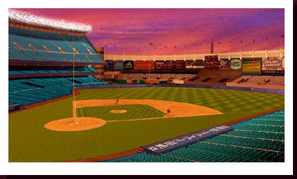 Sports Art Baseball Art Baseball Stadium Paintings - Yankee Stadium Paintings, New York Yankees Artwork, NY Yankees Paintings - Yankee Stadium at Night - Evening Catch - Click on Image to View Close-up