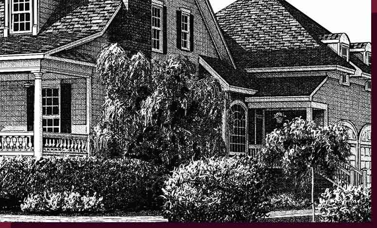 Home Portraits - Pen & Ink House Portraits, Renderings, &
Illustrations  - Carolina Homestead Pen & Ink House Portrait Close-Up - Click to Return to Full View