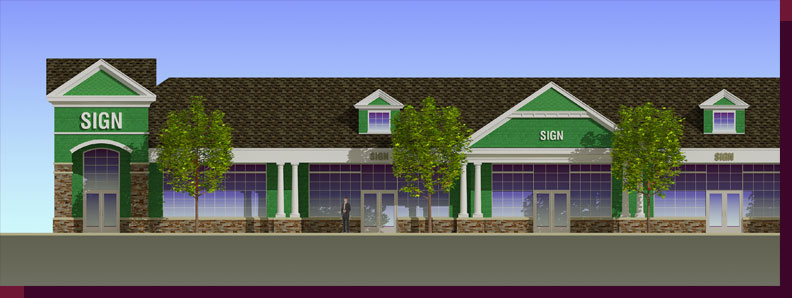 Architectural Rendering & 3D Computer Modeling - Colored Elevation - Proposed Shopping Center - View-2 - Close Up
