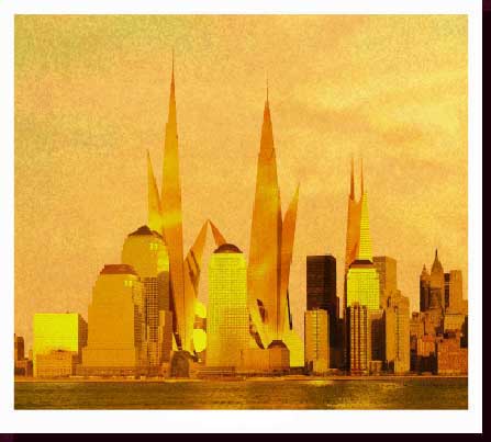 Cityscape Paintings - NYC Cityscape Paintings, NYC Skyline Paintings - New World Trade Center - Twin Freedom Tower Paintings - Lower Manhattan & Twin Freedom Towers Painting at Sunset - Sentinels of Liberty - Click on Image to View Close-up