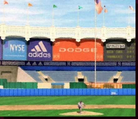 Sports Art Baseball Art Baseball Stadium Paintings - Yankee Stadium Paintings, New York Yankees Artwork, NY Yankees Paintings - Yankee Stadium Day - Saturday Afternoon in the Park Close-up #2 - Click on Image to Return to Close-up #1